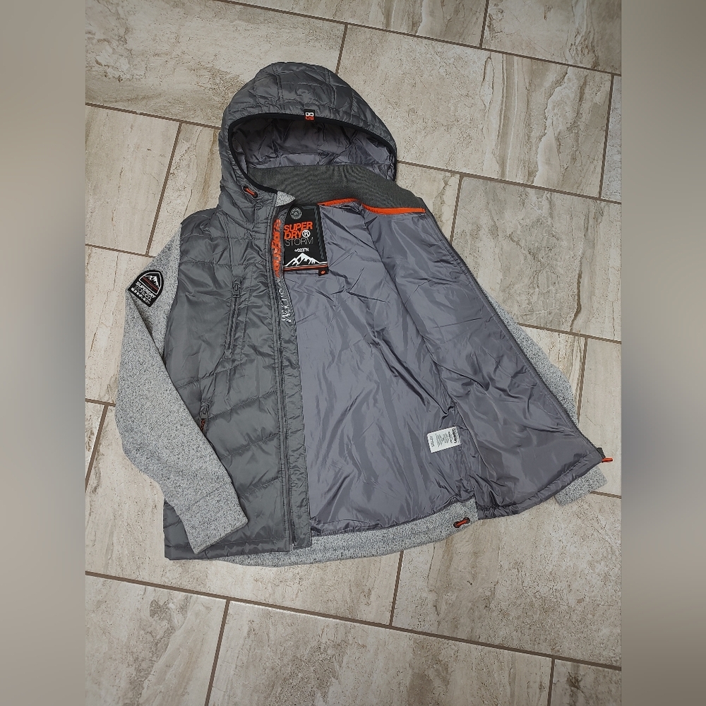 Superdry Kids Grey Hooded Hybrid Puffer Jacket with Orange Trim